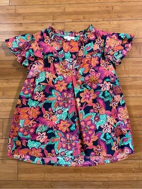 Jennifer & Grace Bright Boho Floral Poplin Cotton Flutter Sleeve Summer Blouse